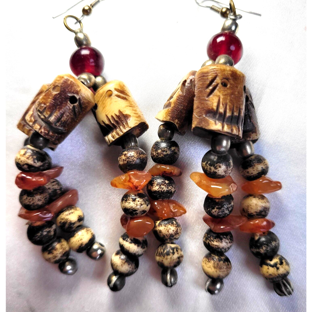 Ethnic Earrings Native Carved Skull Mala Tribal Agate Chips Dangle Boho Goth 4" - Picture 4 of 7